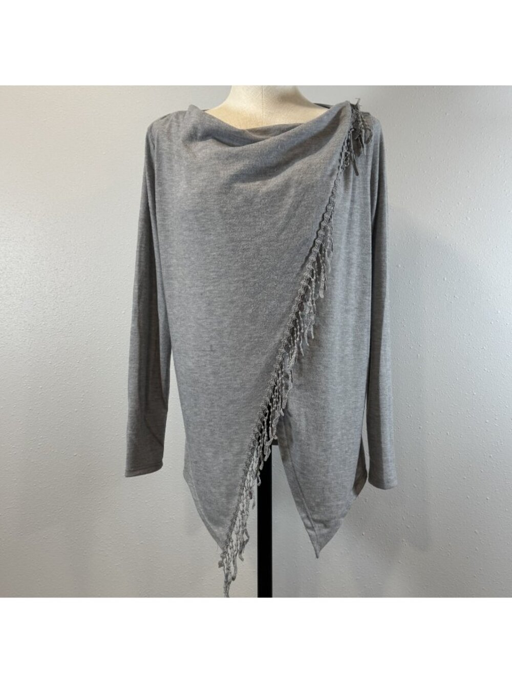 Maurices Wrap Top Womens Sz S Gray Cowl Neck Asymmetrical Fringe Long Sleeve NEW